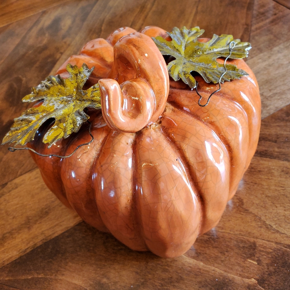 Ceramic Pumpkin with metal leaves